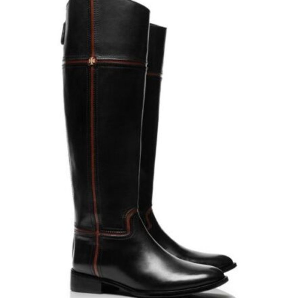 TORY BURCH Juliet Riding BOOTS Black Leather  Brown Size 5 Equestrian  EUC